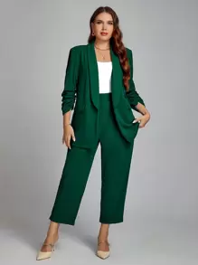 Chikora Plus Shawl Collar Open Front Blazer & Pants - Green - View 3