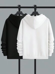 Manfinity Hypemode 鬆身男士2入組保暖連帽衛衣,帶字印花、袋鼠口袋和束帶 - 黑與白 - 查看 2