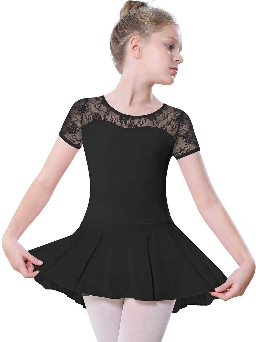 女孩芭蕾舞蹈緊身衣折疊紐扣鏤空後蕾絲袖緊身衣舞蹈裙舞蹈服