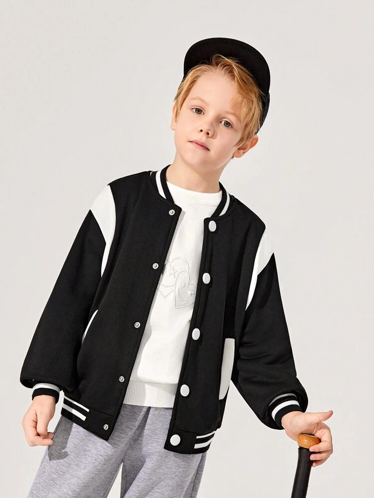 Tween Boy Letter Graphic Striped Trim Drop Shoulder Two Tone Varsity Jacket