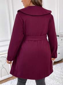 SHEIN Clasi Plus Foldover Collar Asymmetrical Hem Belted Coat - Burgundy - View 2