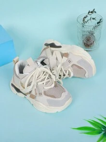 鞋帶、魔術貼固定,編織裝飾,拼接色塊粗底運動鞋,校園風格 - 棕色 - 查看 3