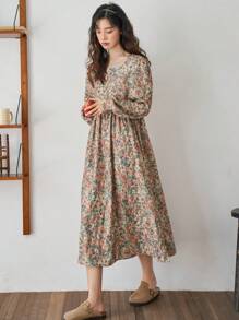 FRIFUL 碎花印花方领灯笼袖罩衫连衣裙，荷叶边，秋季长袖连衣裙度假装扮女装 - 彩色 - 查看 5