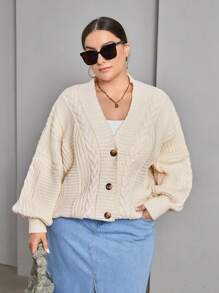 SHEIN Essnce 大碼麻花編織落肩袖前紐扣開襟衫 - 杏色 - 查看 5