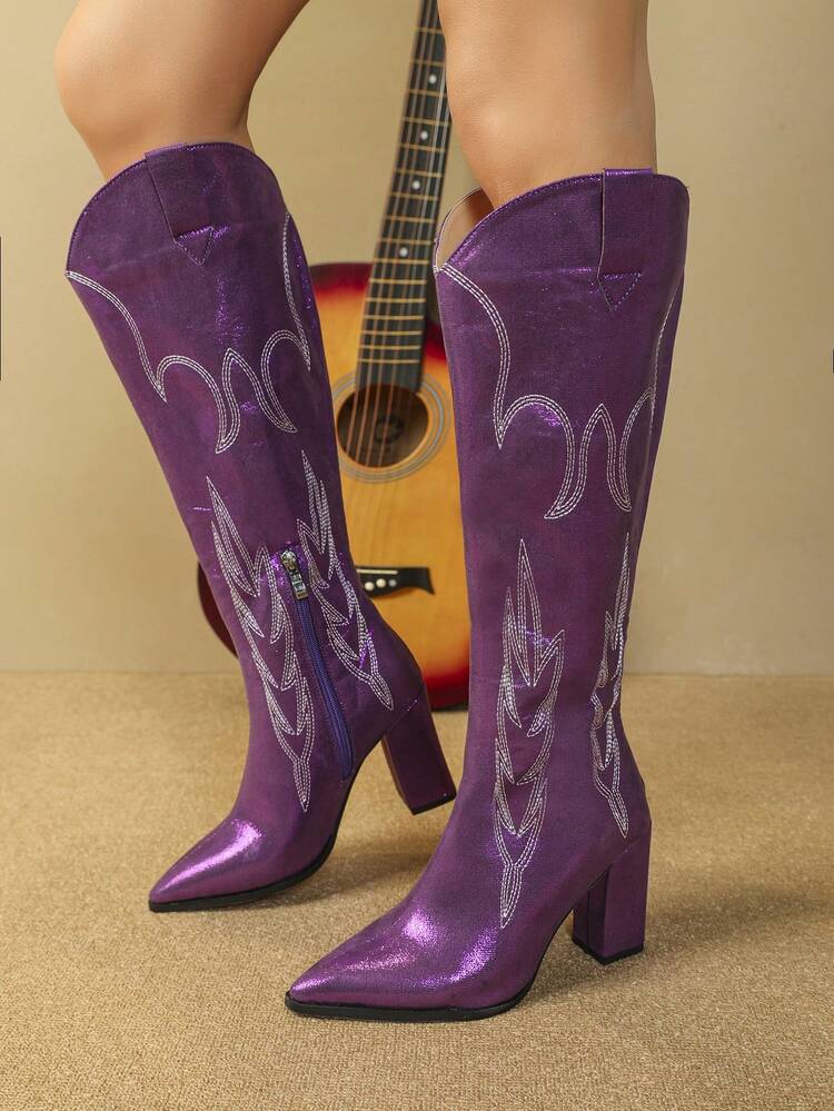 優雅紫色西式拼接細節方頭粗跟女靴 - 紫羅蘭色 - 查看 4