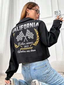 SHEIN Unity Letter Graphic Drop Shoulder Crop Jacket - Black - View 1