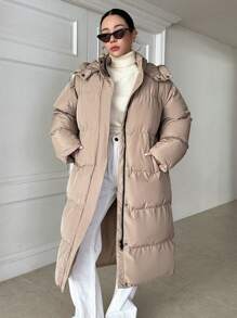 DAZY Slant Pockets Hooded Puffer Thick Pockets Coat - Khaki - View 2