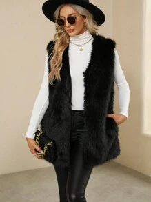 Elegant Women Black Faux Fur Vest Sleeveless Regular Length V Neck Jacket Stylish And Comfortable For Any Occasion - Black - View 1