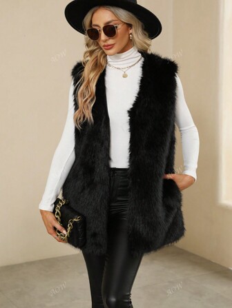 Veste en fausse fourrure sans col pour femme, couleur unie, ouverte devant, pour l'hiver