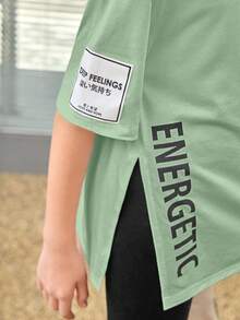 SHEIN Tween Girl Letter Graphic Drop Shoulder Split Hem Tee - Green - View 4