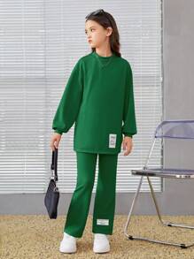 SHEIN Cô gái Tween Slogan Đã vá Áo thun Thả vai & Quần - màu xanh lá - Xem 3