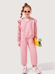 SHEIN Tween Girl Letter Embossed Ruffle Trim Sweatshirt & Sweatpants - Pink - View 6