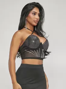 SHEIN SXY 女士透明網紗閃爍吊帶上衣,配有亮片細節 - 黑色 - 查看 3