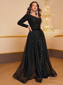 YISIKADO One Shoulder Mesh Overlay Sequin Elegant Long Sleeve Jumpsuit - Black - View 7