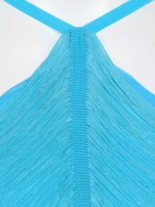 Hauture Áo crop-halter hở lưng nhiều lớp tua rua - Màu xanh lam - Xem 7