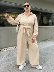 SHEIN Essnce Plus Solid Belted Wide Leg Jumpsuit - Apricot - View 7