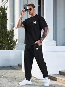 Manfinity Homme Men Plus Horse Print Tee & Drawstring Waist Sweatpants - Black - View 1