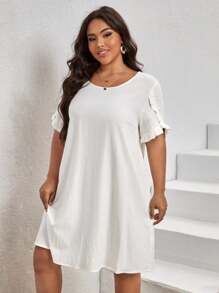 SHEIN LUNE 大碼素色荷葉邊連衣裙 - 白色 - 查看 3