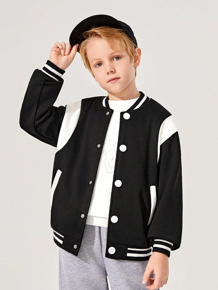 Tween Boy Letter Graphic Striped Trim Drop Shoulder Two Tone Varsity Jacket