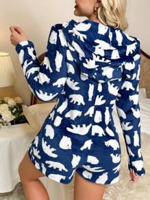 Polar Bear Pattern Zipper Front Hooded Flannel Romper - Blue and White - View 2