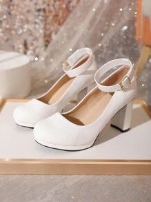 深v剪裁高跟鞋,女士時尚性感新款圓頭厚跟全季節舒適百搭白色橫紋pu皮革防水厚平底帶背帶單鞋 - 白色 - 查看 5