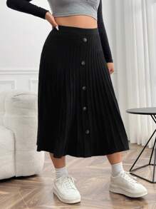 SHEIN Clasi Váy đan xếp ly có chi tiết nút cộng - màu đen - Xem 5