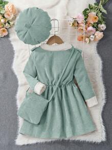 SHEIN Young Girl Ruffle Trim Ruffle Trim Dress With Accessory Hat & Bag - Green - View 2