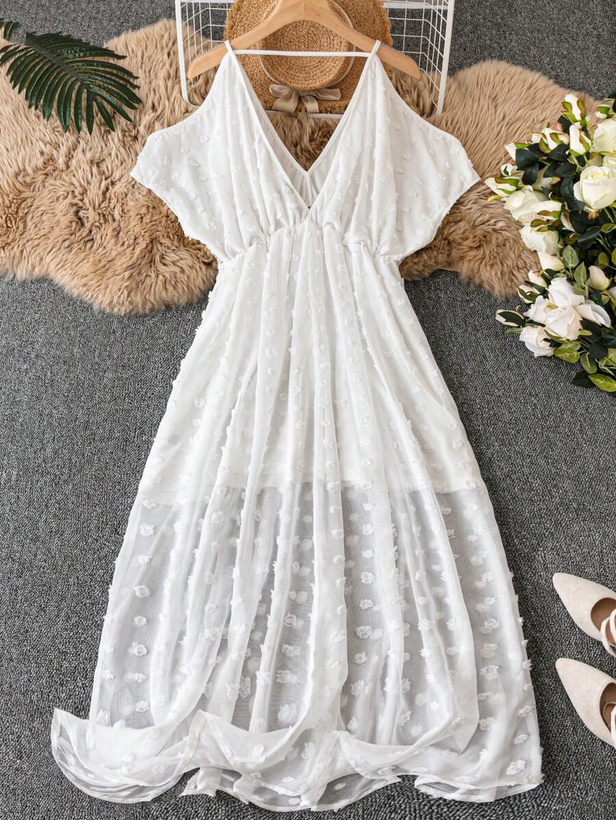 SHEIN LUNE Plus Swiss Dot Cold Shoulder Split Thigh Dress Maxi Trang phục dành cho nữ - trắng - Xem 1