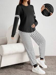 SHEIN Maternity Striped Print Nursing Detail Tee & Sweatpants - Black and White - View 1