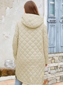 Zip Up Hooded Quilted Coat - Beige - View 2