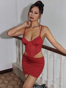 SHEIN ICON 腰部鏤空緊身吊帶洋裝 - 紅色 - 查看 5