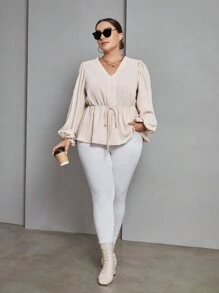 SHEIN Privé Plus Áo kiểu có nút thắt tay đèn lồng phía trước - Màu Khaki - Xem 3
