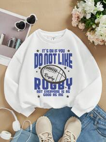 Tween Girl Rugby Ball & Slogan Graphic Drop Shoulder Pullover - White - View 1