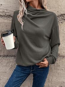 SHEIN LUNE Solid Drop Shoulder Cowl Neck Sweatshirt - Dark Grey - View 1