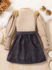 SHEIN 女小童毛茸邊T恤和腰帶牛仔效果半身裙 - 杏色 - 查看 2