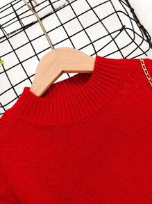 SHEIN Váy len trễ vai Tween Girl Mock Cổ trễ vai không cần thắt lưng - Đỏ - Xem 3