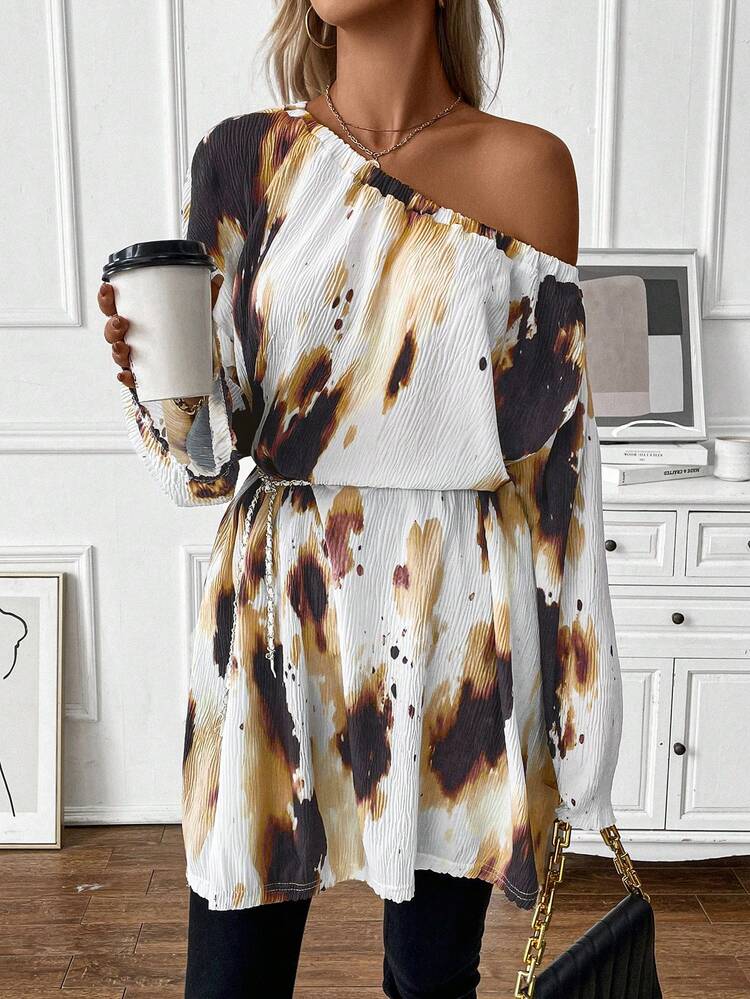 Tie Dye Asymmetrical Neck Flounce Sleeve Belted Blouse