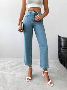EURMUSE High Waist Straight Leg Cropped Jeans - Light Wash - View 4