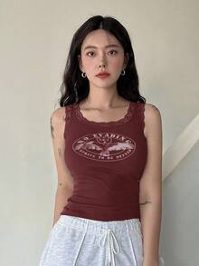 DAZY Eagle & Letter Graphic Lace Trim Tank Top - Rusty Rose - View 3