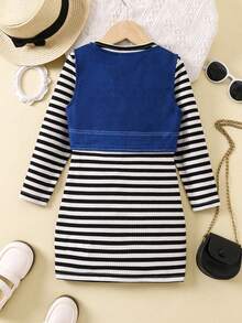 SHEIN 女小童條紋印花洋裝和夾克背心 - 彩色 - 查看 2