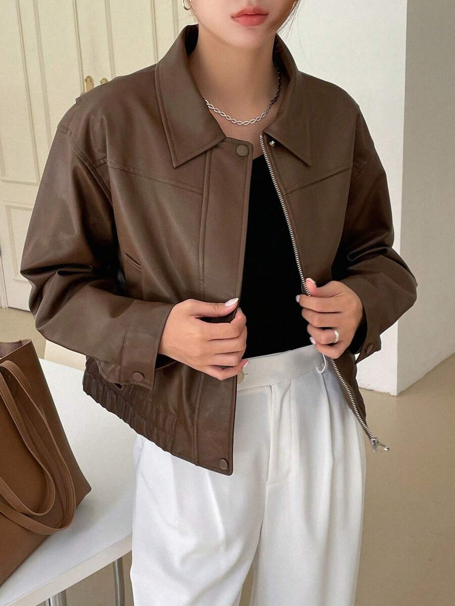 DAZY Drop Shoulder Zip Up PU Jacket - Brown - View 1