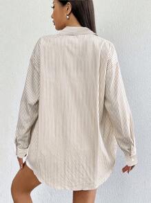 SHEIN EZwear Striped Print Drop Shoulder Shirt - Coffee Brown - View 2