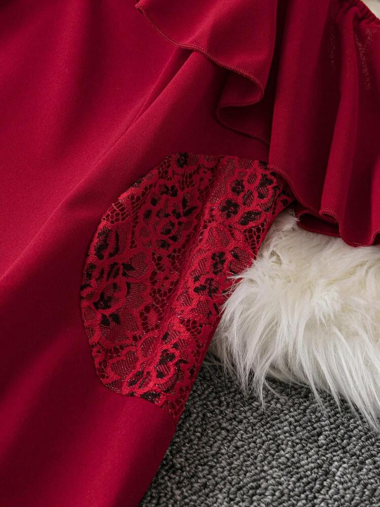 SHEIN Belle בורגונדי אדום פלוס כתף קרה פרווה לקצץ בת ים שולי שמלת מקסי נשים תלבושת - בורגונדי - ראה 3