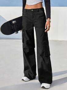 SHEIN EZwear Flap Pocket Side Cargo Pants - Black - View 2