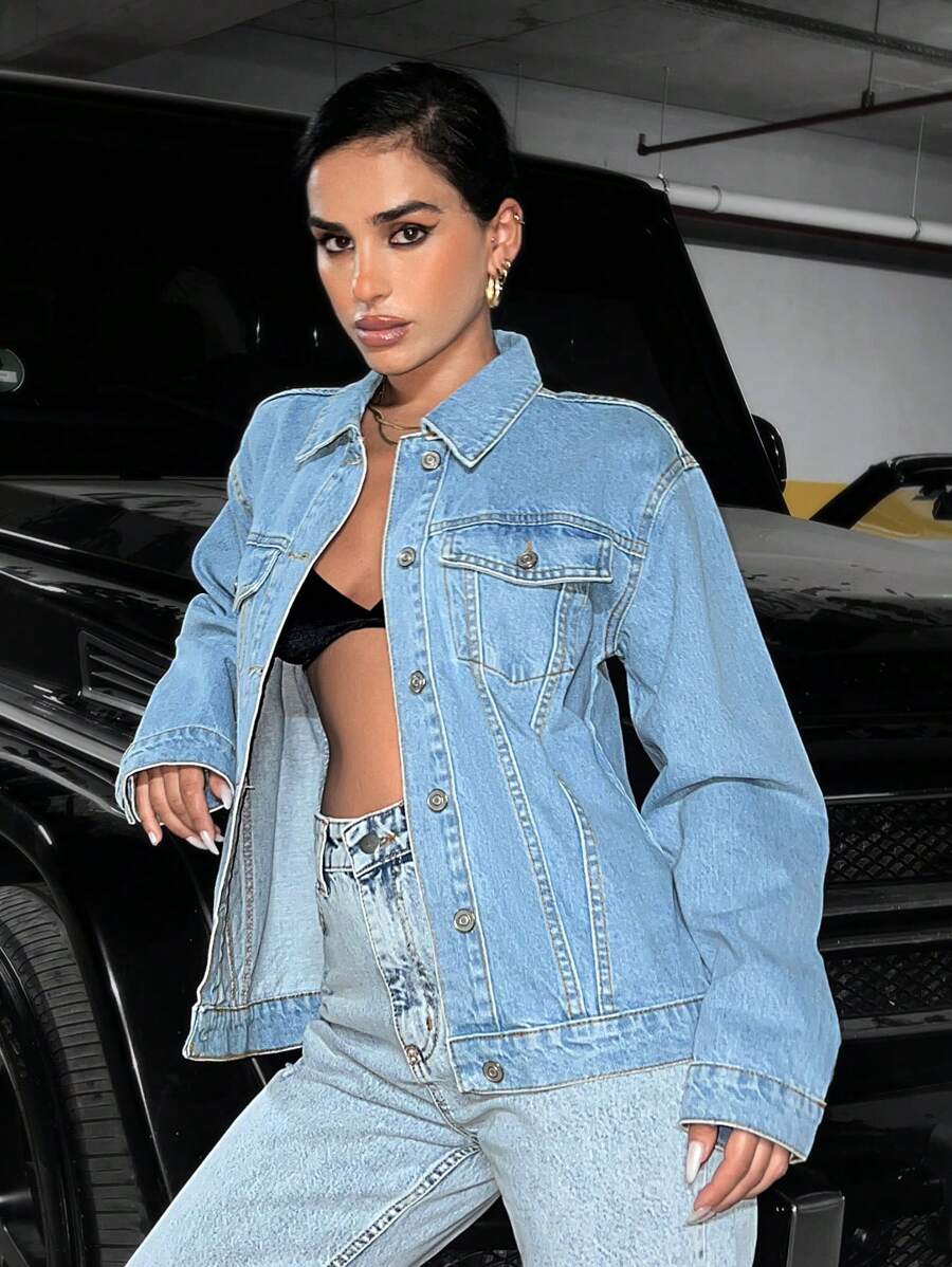 EURMUSE Flap Pocket Drop Shoulder Denim Jacket - Blue - View 1