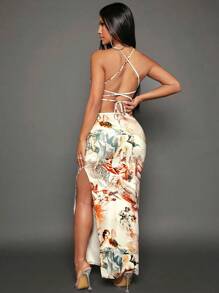 SHEIN SXY Tropical Print Crisscross Tie Backless Split Thigh Cami Dress - Multicolor - View 5
