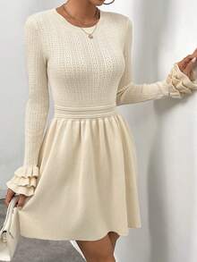 SHEIN Privé 素色蛋糕袖毛衣洋裝 - 杏色 - 查看 5