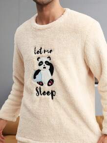 Nam Gấu trúc & Thêu Chữ Tay Raglan Teddy Bộ PJ - Màu be - Xem 5