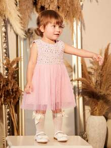 Baby Girl Bow Front Coat & Mesh Overlay Dress - Multicolor - View 5