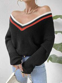 SHEIN Privé 條紋飾邊落肩袖板球毛衣 - 黑色 - 查看 1